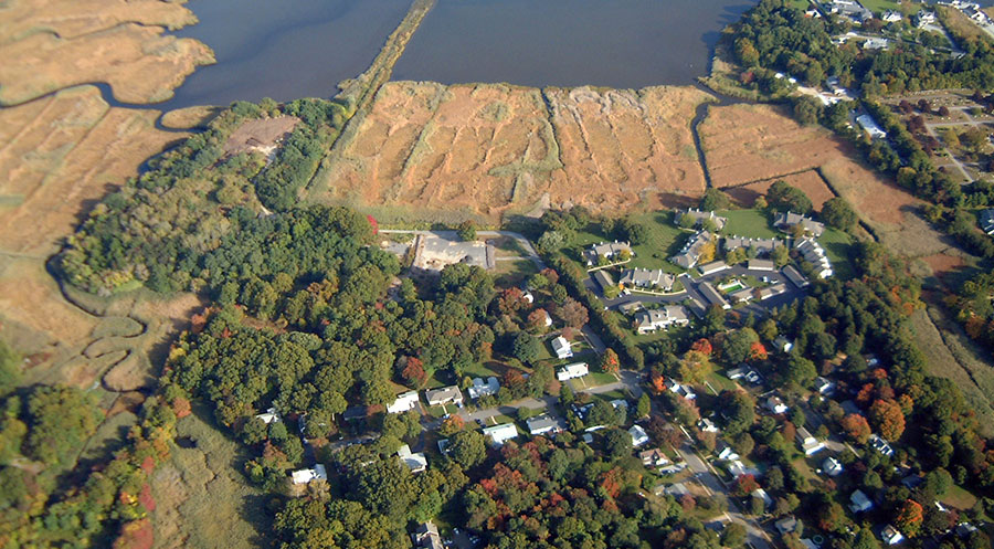 aerial view of marsh and homes